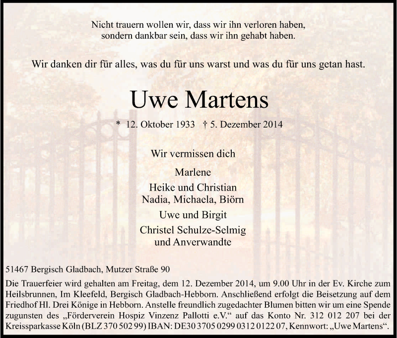  Traueranzeige für Uwe Martens vom 09.12.2014 aus Kölner Stadt-Anzeiger / Kölnische Rundschau / Express