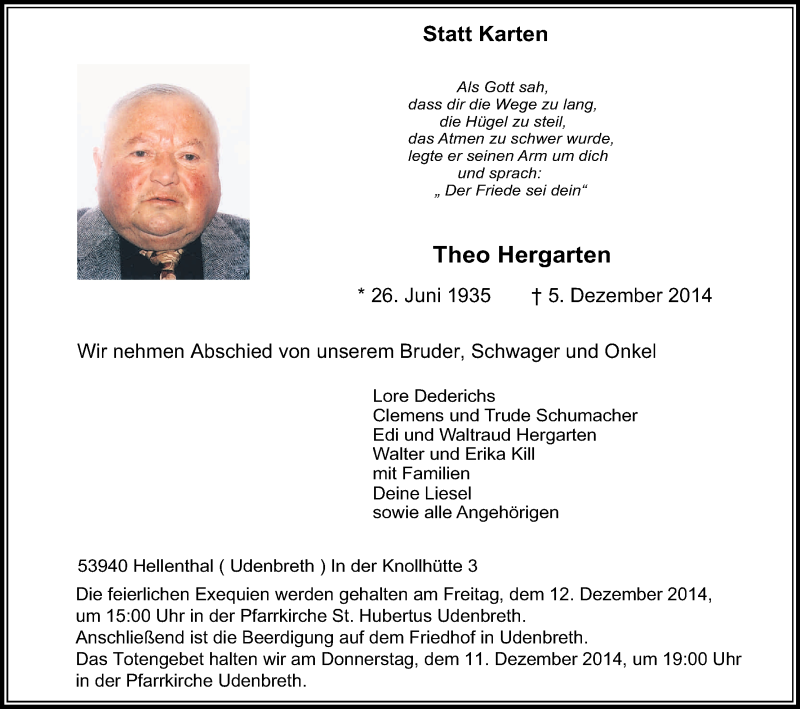  Traueranzeige für Theo Hergarten vom 10.12.2014 aus Kölner Stadt-Anzeiger / Kölnische Rundschau / Express