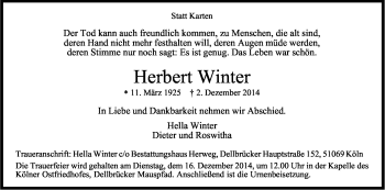 Anzeige von Herbert Winter von Kölner Stadt-Anzeiger / Kölnische Rundschau / Express