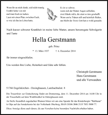Anzeige von Hella Gerstmann von Kölner Stadt-Anzeiger / Kölnische Rundschau / Express