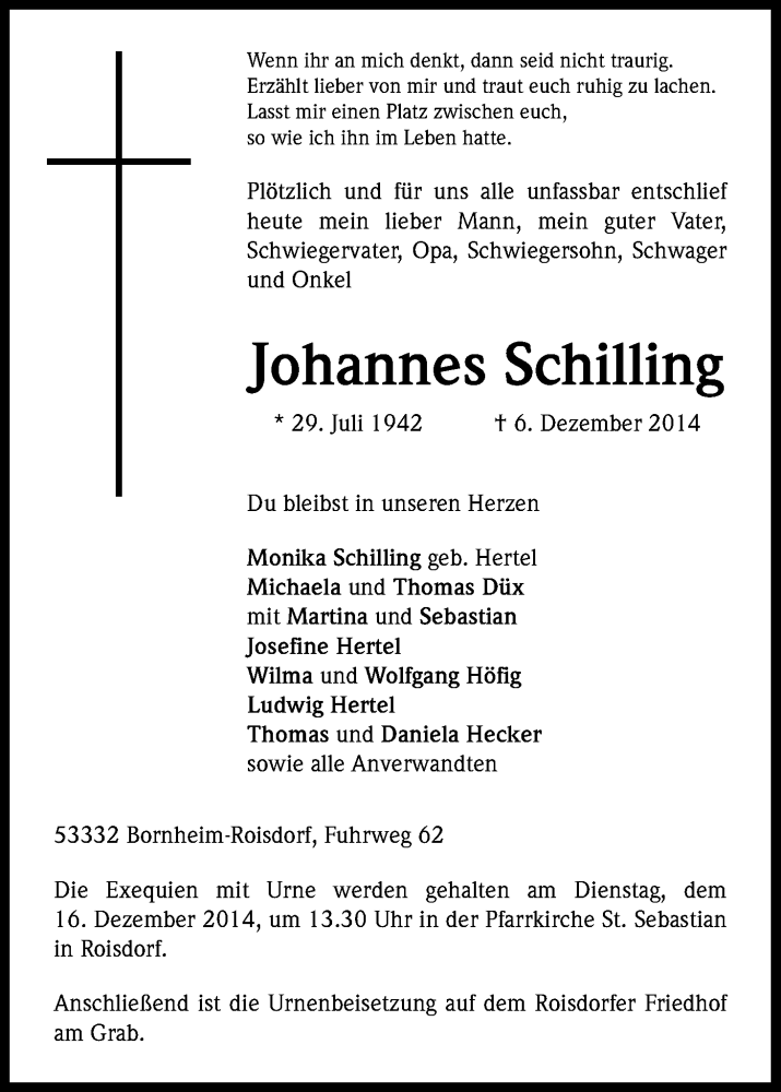  Traueranzeige für Johannes Schilling vom 10.12.2014 aus Kölner Stadt-Anzeiger / Kölnische Rundschau / Express