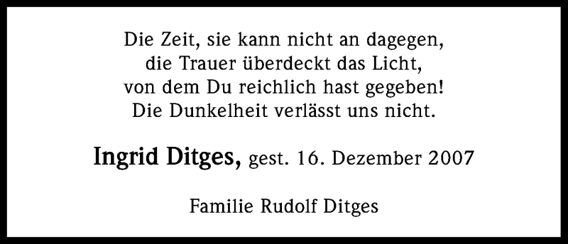  Traueranzeige für Ingrid Ditges vom 16.12.2014 aus Kölner Stadt-Anzeiger / Kölnische Rundschau / Express