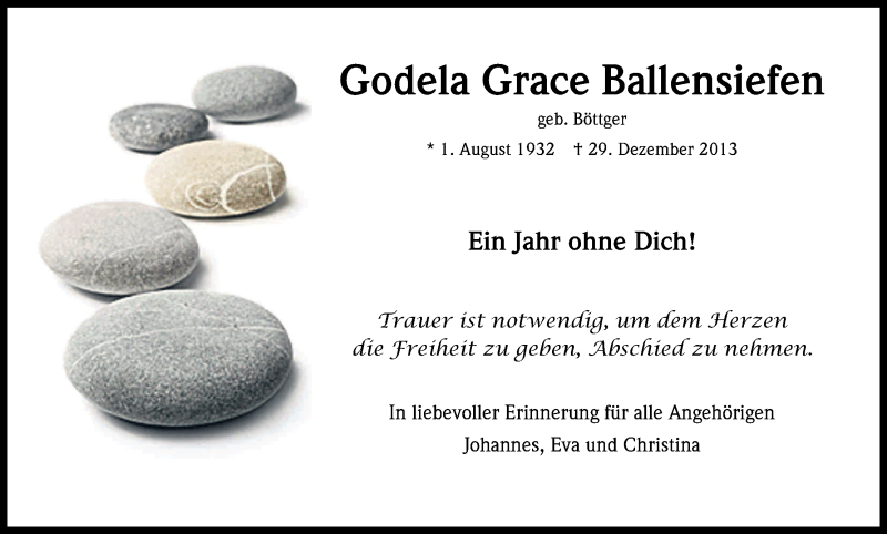  Traueranzeige für Godela Grace Ballensiefen vom 29.12.2014 aus Kölner Stadt-Anzeiger / Kölnische Rundschau / Express