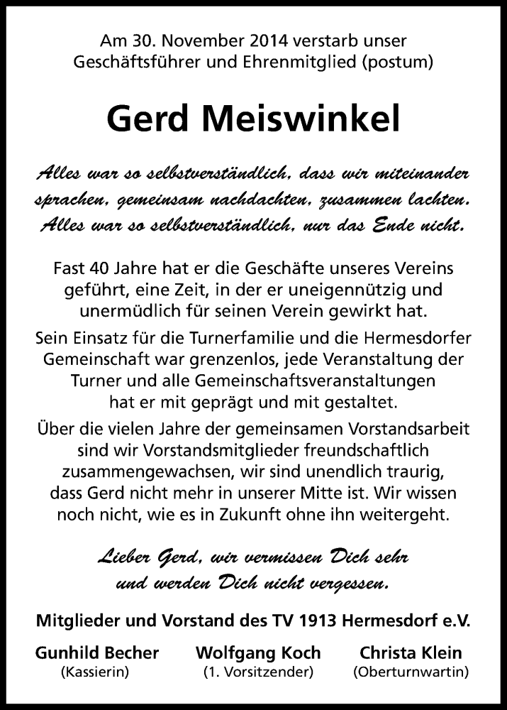  Traueranzeige für Gerd Meiswinkel vom 10.12.2014 aus Kölner Stadt-Anzeiger / Kölnische Rundschau / Express