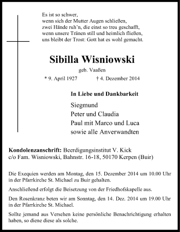 Anzeige von Sibilla Wisniowski von Kölner Stadt-Anzeiger / Kölnische Rundschau / Express
