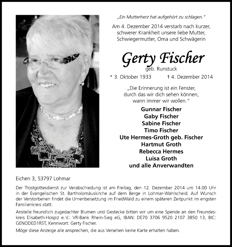  Traueranzeige für Gerty Fischer vom 10.12.2014 aus Kölner Stadt-Anzeiger / Kölnische Rundschau / Express