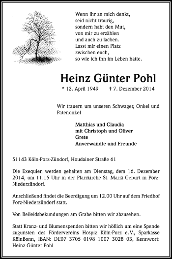 Anzeige von Heinz Günter Pohl von Kölner Stadt-Anzeiger / Kölnische Rundschau / Express