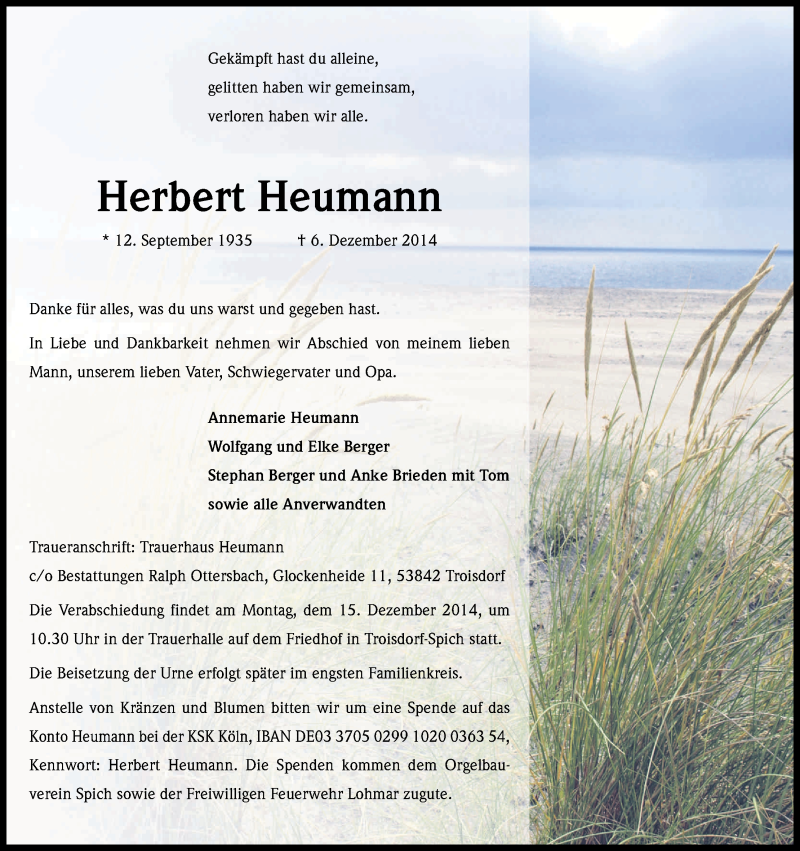  Traueranzeige für Herbert Heumann vom 10.12.2014 aus Kölner Stadt-Anzeiger / Kölnische Rundschau / Express