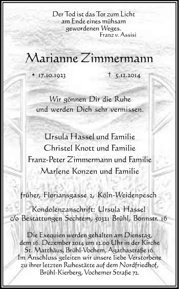 Anzeige von Marianne Zimmermann von Kölner Stadt-Anzeiger / Kölnische Rundschau / Express
