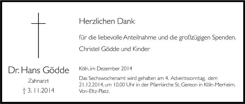  Traueranzeige für Hans Gödde vom 13.12.2014 aus Kölner Stadt-Anzeiger / Kölnische Rundschau / Express