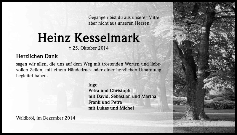  Traueranzeige für Heinz Kesselmark vom 13.12.2014 aus Kölner Stadt-Anzeiger / Kölnische Rundschau / Express