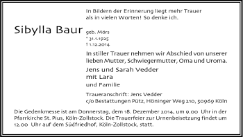Anzeige von Sibylla Baur von Kölner Stadt-Anzeiger / Kölnische Rundschau / Express