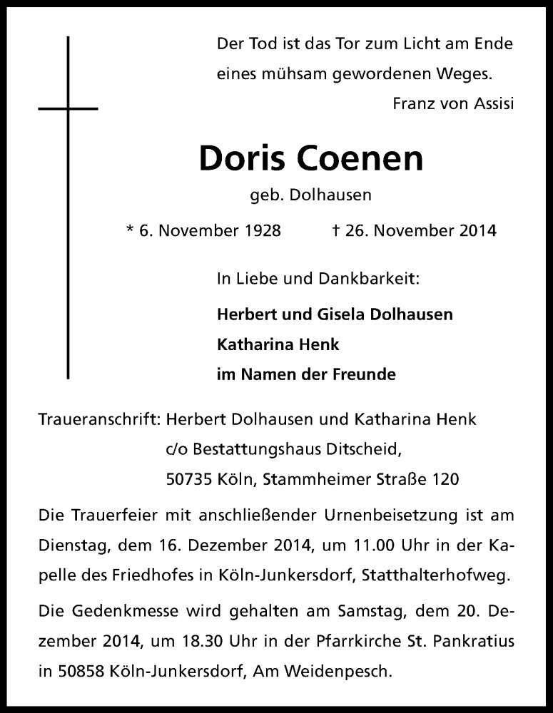  Traueranzeige für Doris Coenen vom 13.12.2014 aus Kölner Stadt-Anzeiger / Kölnische Rundschau / Express