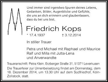Anzeige von Friedrich Kops von Kölner Stadt-Anzeiger / Kölnische Rundschau / Express