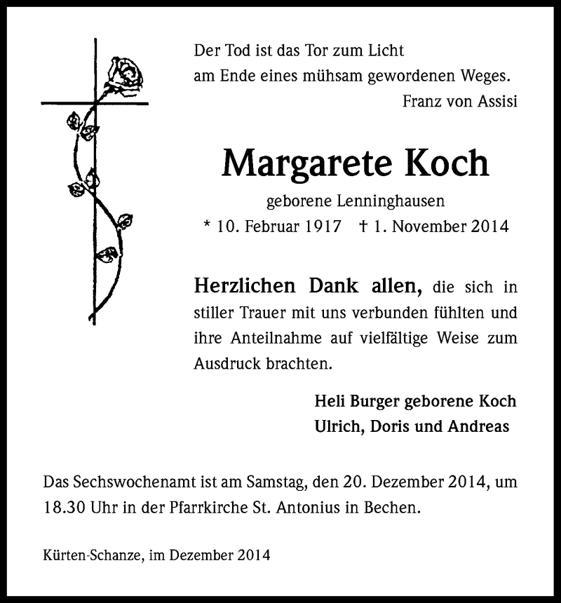  Traueranzeige für Margarete Koch vom 13.12.2014 aus Kölner Stadt-Anzeiger / Kölnische Rundschau / Express