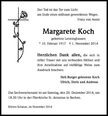 Anzeige von Margarete Koch von Kölner Stadt-Anzeiger / Kölnische Rundschau / Express