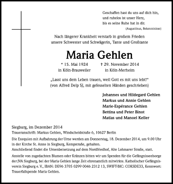 Anzeige von Maria Gehlen von Kölner Stadt-Anzeiger / Kölnische Rundschau / Express