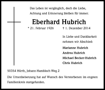 Anzeige von Eberhard Hubrich von Kölner Stadt-Anzeiger / Kölnische Rundschau / Express