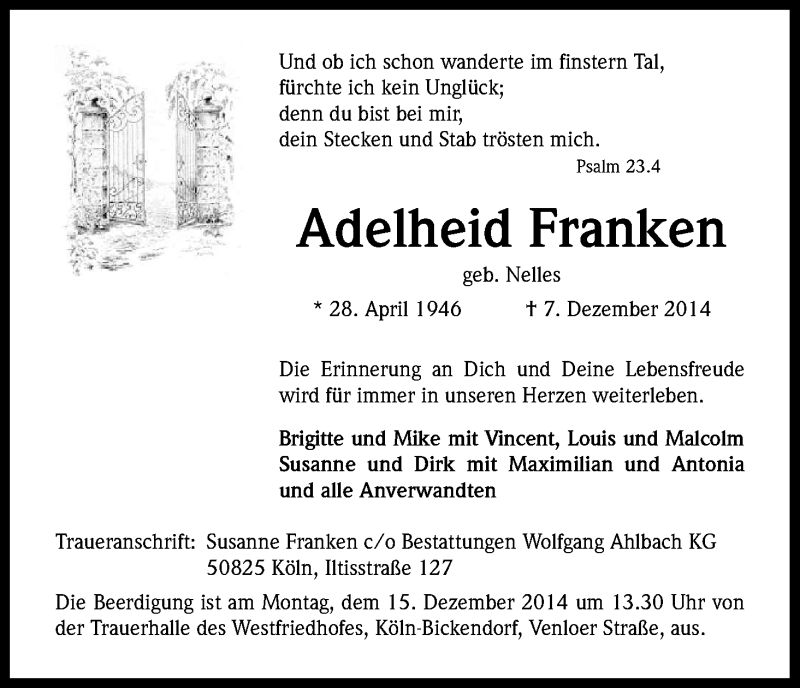  Traueranzeige für Adelheid Franken vom 10.12.2014 aus Kölner Stadt-Anzeiger / Kölnische Rundschau / Express