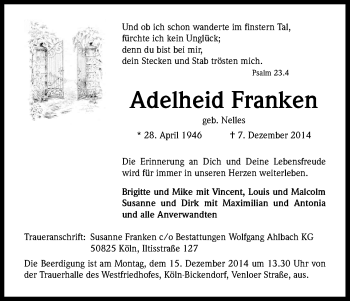Anzeige von Adelheid Franken von Kölner Stadt-Anzeiger / Kölnische Rundschau / Express