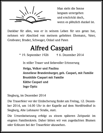 Anzeige von Alfred Caspari von Kölner Stadt-Anzeiger / Kölnische Rundschau / Express