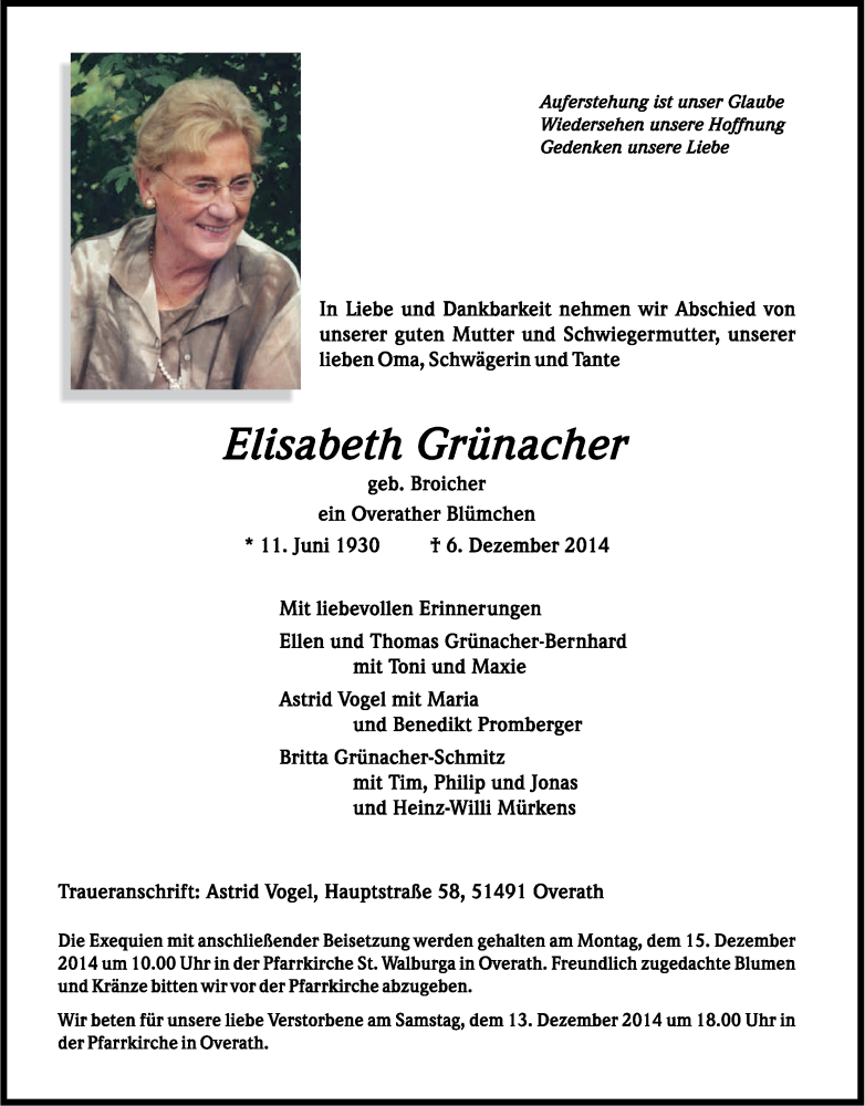  Traueranzeige für Elisabeth Grünacher vom 10.12.2014 aus Kölner Stadt-Anzeiger / Kölnische Rundschau / Express