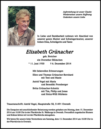 Anzeige von Elisabeth Grünacher von Kölner Stadt-Anzeiger / Kölnische Rundschau / Express