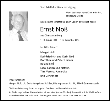 Anzeige von Ernst Noß von Kölner Stadt-Anzeiger / Kölnische Rundschau / Express