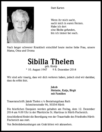 Anzeige von Sibilla Thelen von Kölner Stadt-Anzeiger / Kölnische Rundschau / Express