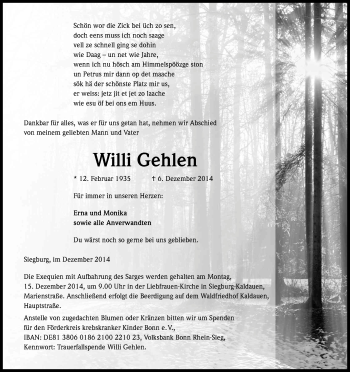 Anzeige von Willi Gehlen von Kölner Stadt-Anzeiger / Kölnische Rundschau / Express