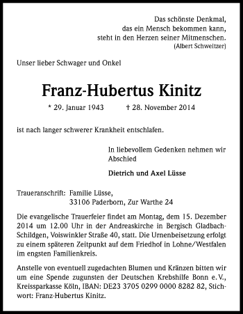 Anzeige von Franz-Hubertus Kinitz von Kölner Stadt-Anzeiger / Kölnische Rundschau / Express
