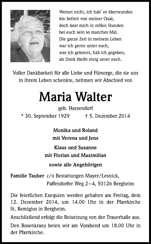  Traueranzeige für Maria Walter vom 10.12.2014 aus Kölner Stadt-Anzeiger / Kölnische Rundschau / Express