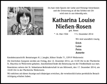 Anzeige von Katharina Louise Nießen-Rosen von Kölner Stadt-Anzeiger / Kölnische Rundschau / Express
