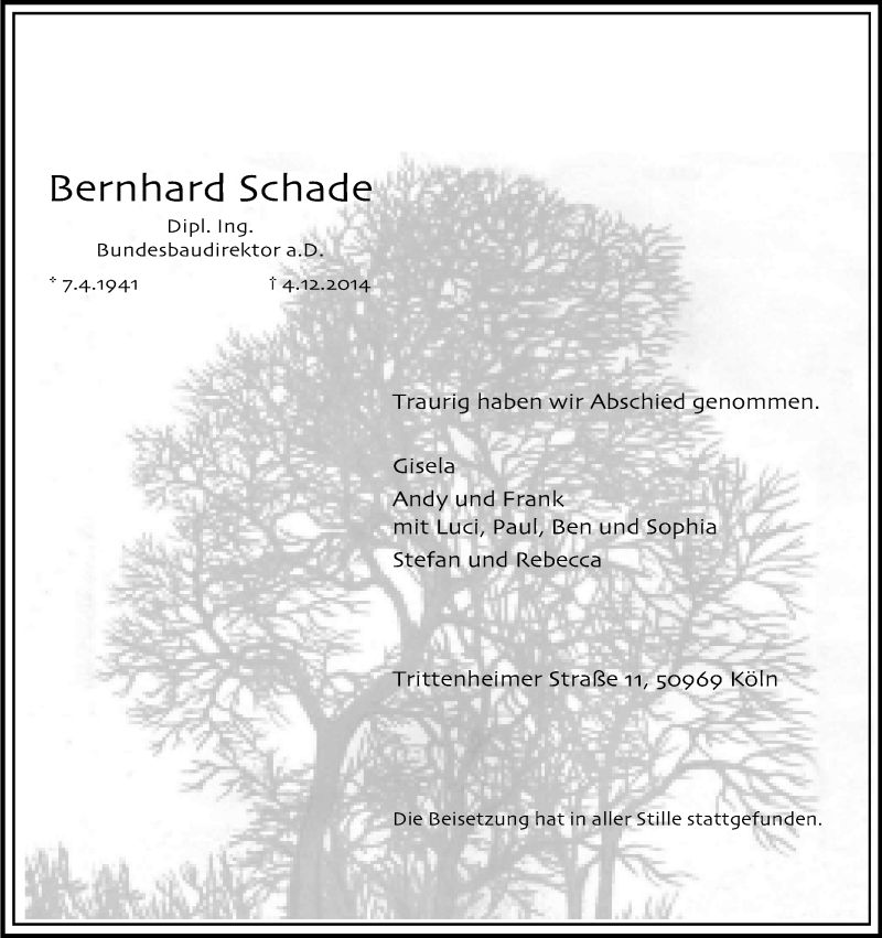  Traueranzeige für Bernhard Schade vom 20.12.2014 aus Kölner Stadt-Anzeiger / Kölnische Rundschau / Express