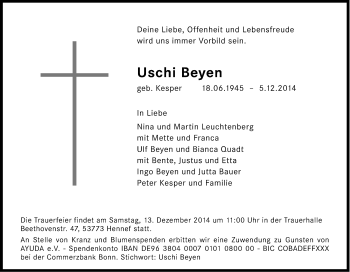 Anzeige von Uschi Beyen von Kölner Stadt-Anzeiger / Kölnische Rundschau / Express