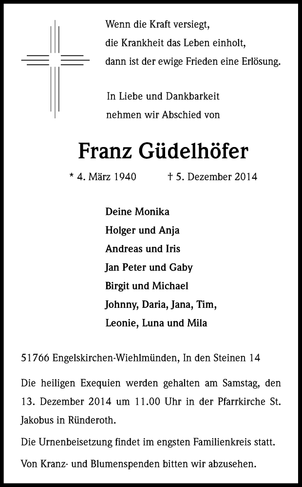  Traueranzeige für Franz Güdelhöfer vom 10.12.2014 aus Kölner Stadt-Anzeiger / Kölnische Rundschau / Express