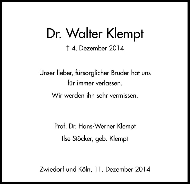  Traueranzeige für Walter Klempt vom 11.12.2014 aus Kölner Stadt-Anzeiger / Kölnische Rundschau / Express