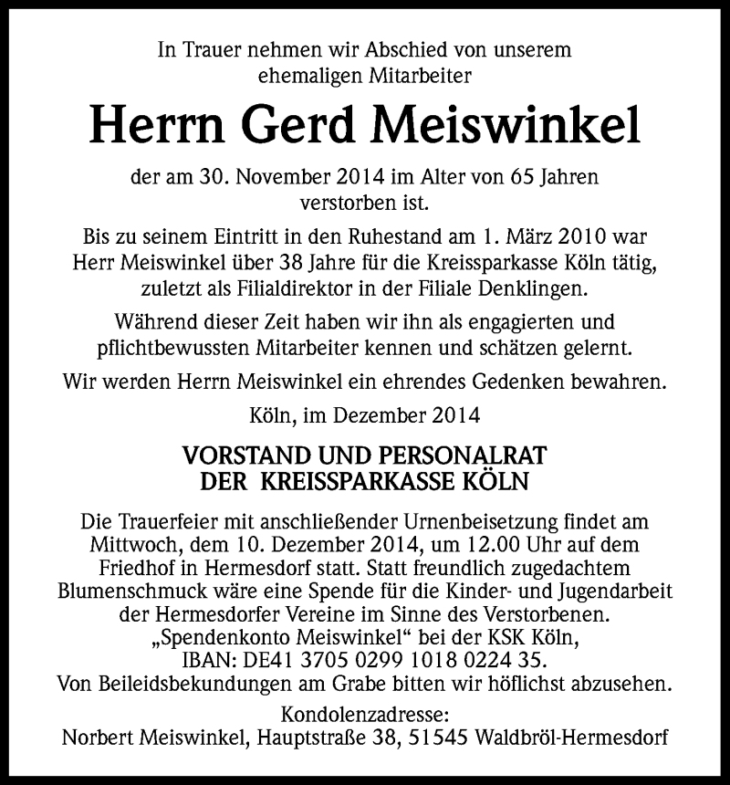  Traueranzeige für Gerd Meiswinkel vom 10.12.2014 aus Kölner Stadt-Anzeiger / Kölnische Rundschau / Express
