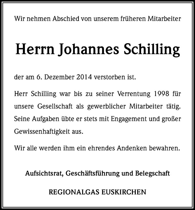  Traueranzeige für Johannes Schilling vom 10.12.2014 aus Kölner Stadt-Anzeiger / Kölnische Rundschau / Express