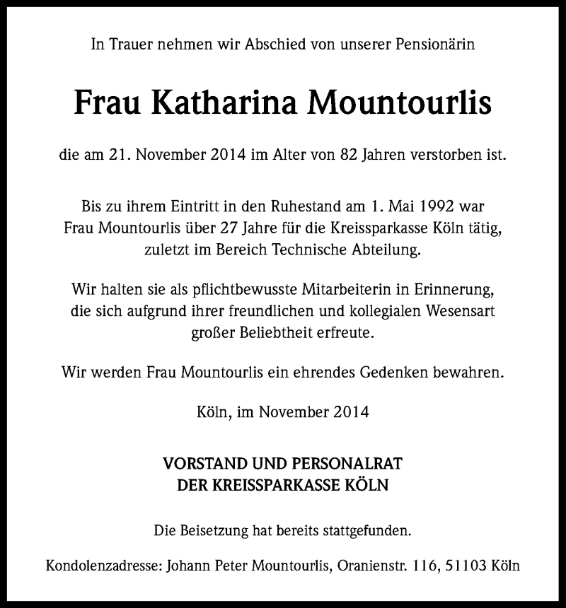  Traueranzeige für Katharina Mountourlis vom 10.12.2014 aus Kölner Stadt-Anzeiger / Kölnische Rundschau / Express