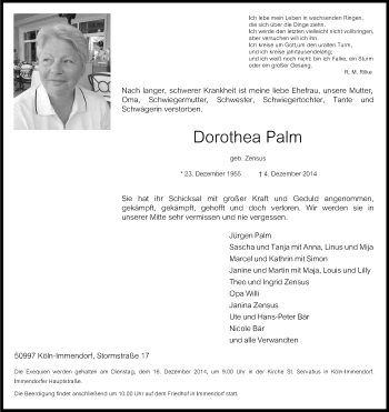 Anzeige von Dorothea Palm von Kölner Stadt-Anzeiger / Kölnische Rundschau / Express