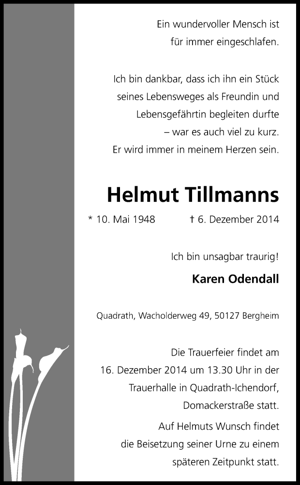  Traueranzeige für Helmut Tillmanns vom 10.12.2014 aus Kölner Stadt-Anzeiger / Kölnische Rundschau / Express