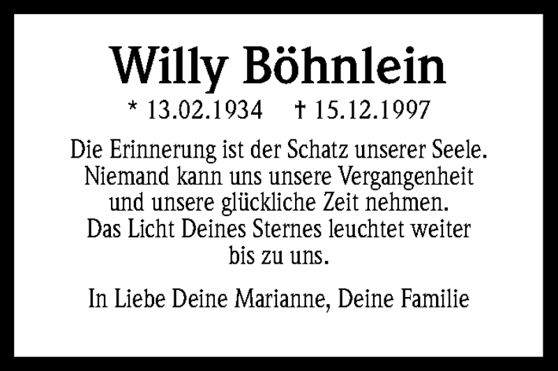  Traueranzeige für Willy Böhnlein vom 15.12.2014 aus Kölner Stadt-Anzeiger / Kölnische Rundschau / Express