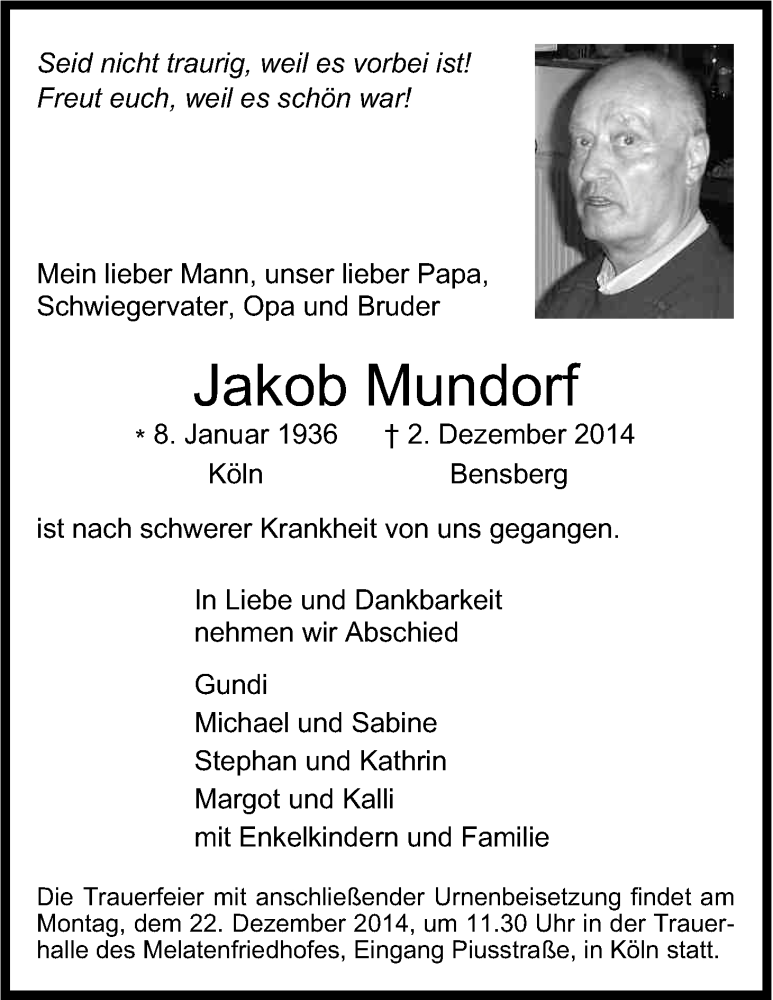  Traueranzeige für Jakob Mundorf vom 12.12.2014 aus Kölner Stadt-Anzeiger / Kölnische Rundschau / Express