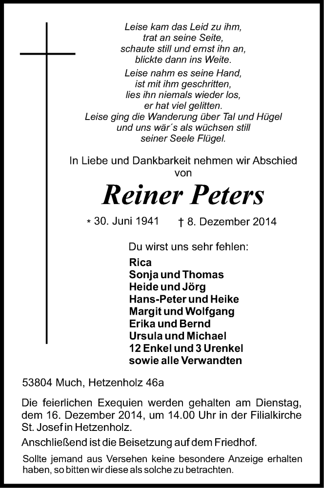  Traueranzeige für Reiner Peters vom 13.12.2014 aus Kölner Stadt-Anzeiger / Kölnische Rundschau / Express