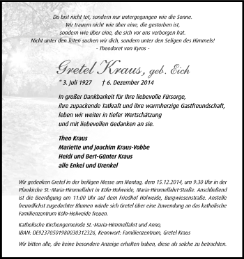 Anzeige von Gretel Kraus von Kölner Stadt-Anzeiger / Kölnische Rundschau / Express