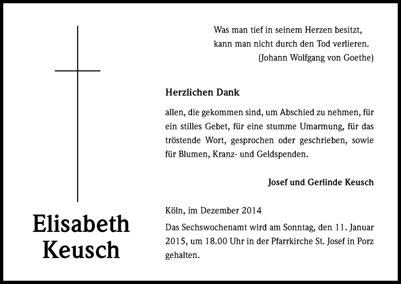  Traueranzeige für Elisabeth Keusch vom 30.12.2014 aus Kölner Stadt-Anzeiger / Kölnische Rundschau / Express