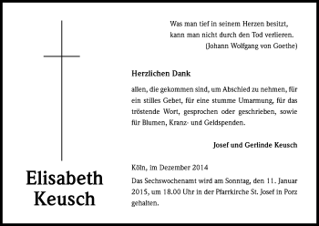 Anzeige von Elisabeth Keusch von Kölner Stadt-Anzeiger / Kölnische Rundschau / Express