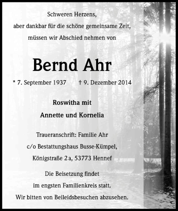 Anzeige von Bernd Ahr von Kölner Stadt-Anzeiger / Kölnische Rundschau / Express
