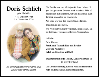 Anzeige von Doris Schlich von Kölner Stadt-Anzeiger / Kölnische Rundschau / Express